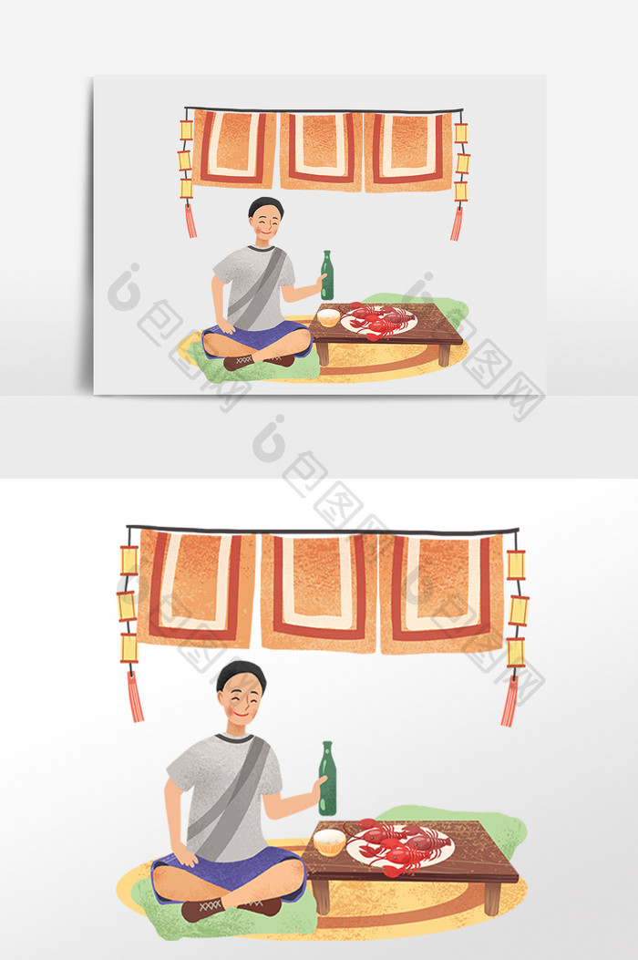 夏季吃宵夜喝瓶酒男子插画