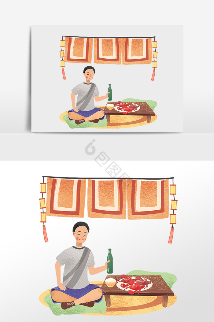 夏季吃宵夜喝瓶酒男子插画图片