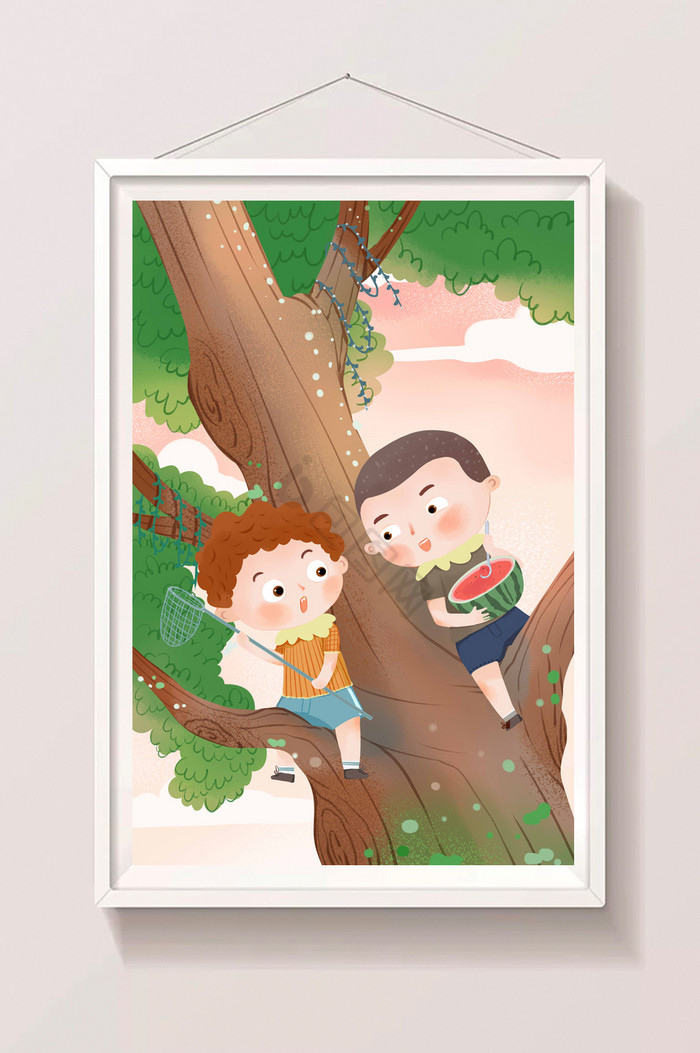 夏季大暑孩童爬树玩耍儿童插画图片