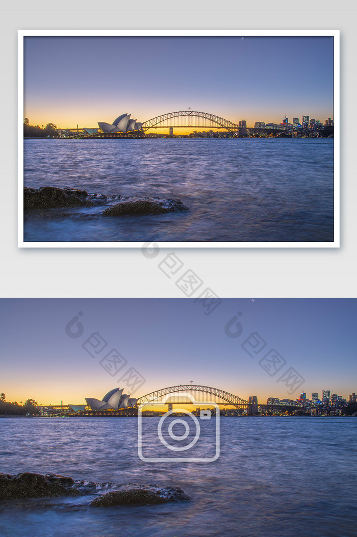 日落后的悉尼歌剧院城市风光摄影图片