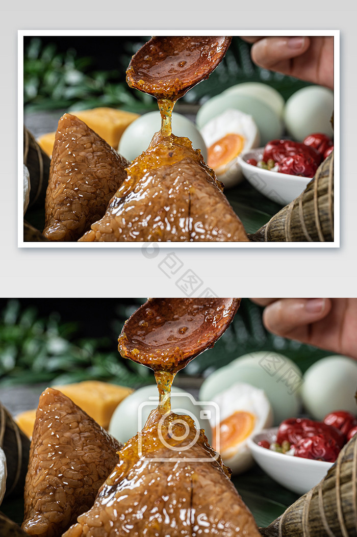 端午特色美食鲜肉粽桂花蜜摄影图