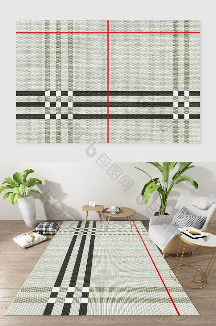 现代北欧简约几何线条红线文艺质感地毯图案