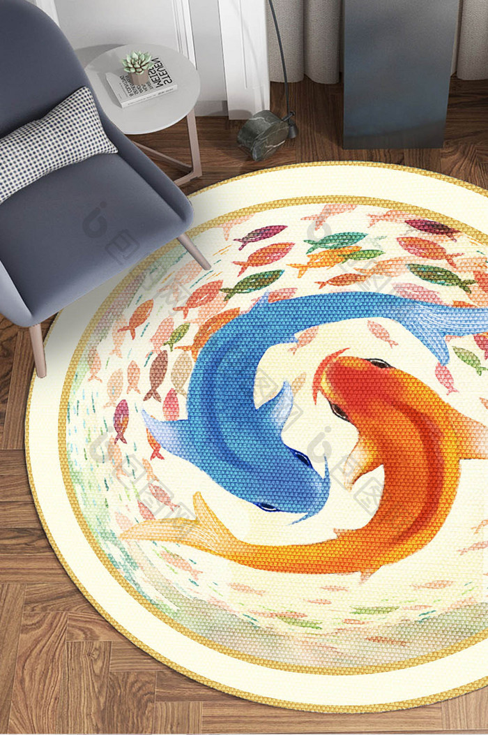 现代北欧简约水彩鱼群红蓝鲤鱼圆形地毯图案