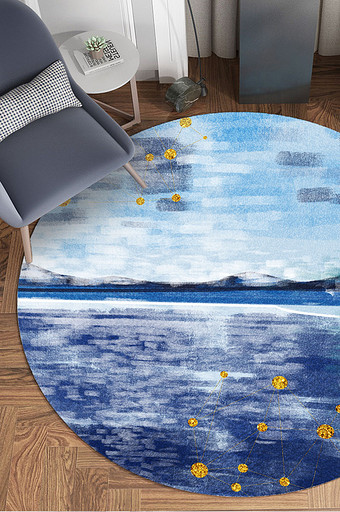 北欧现代圆形地毯手绘涂鸦蓝色几何地毯图案图片