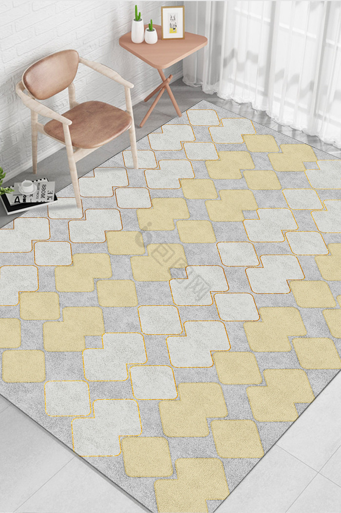 北欧风格淡黄色浅色几何图案印花地毯图案图片