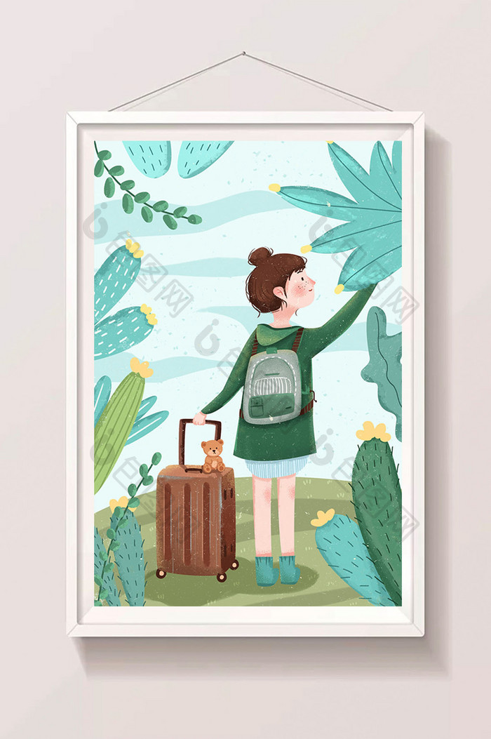 绿色小清新夏日女孩旅行皮箱皮包插画海报