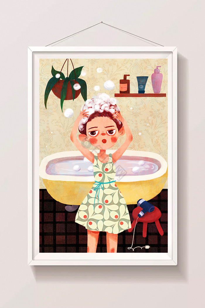 女士浴室洗头插画图片