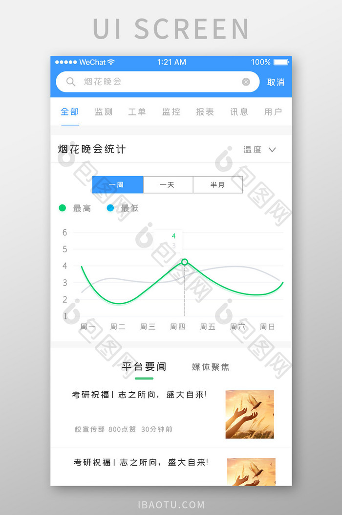 蓝色科技商业服务app人数统计移动界面