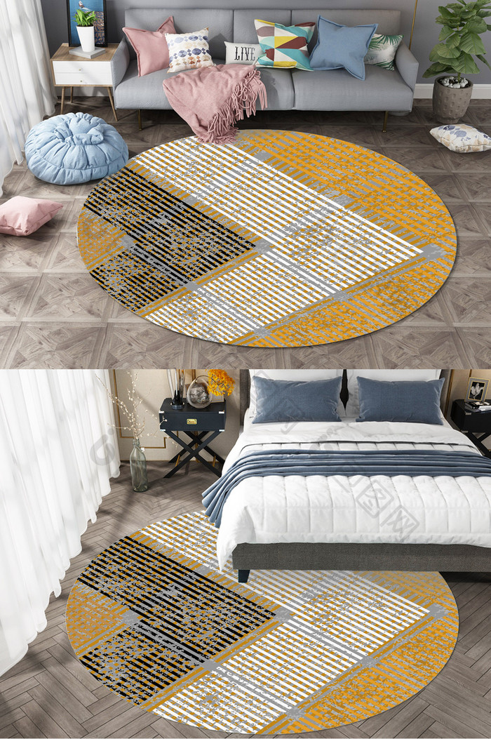 现代北欧格子线条圆形地毯图案