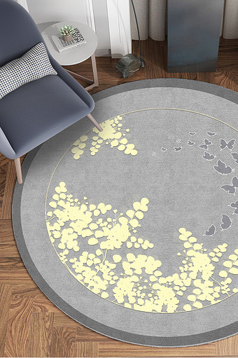 清新北欧风格黄色植物花朵蝴蝶灰色地毯图案图片