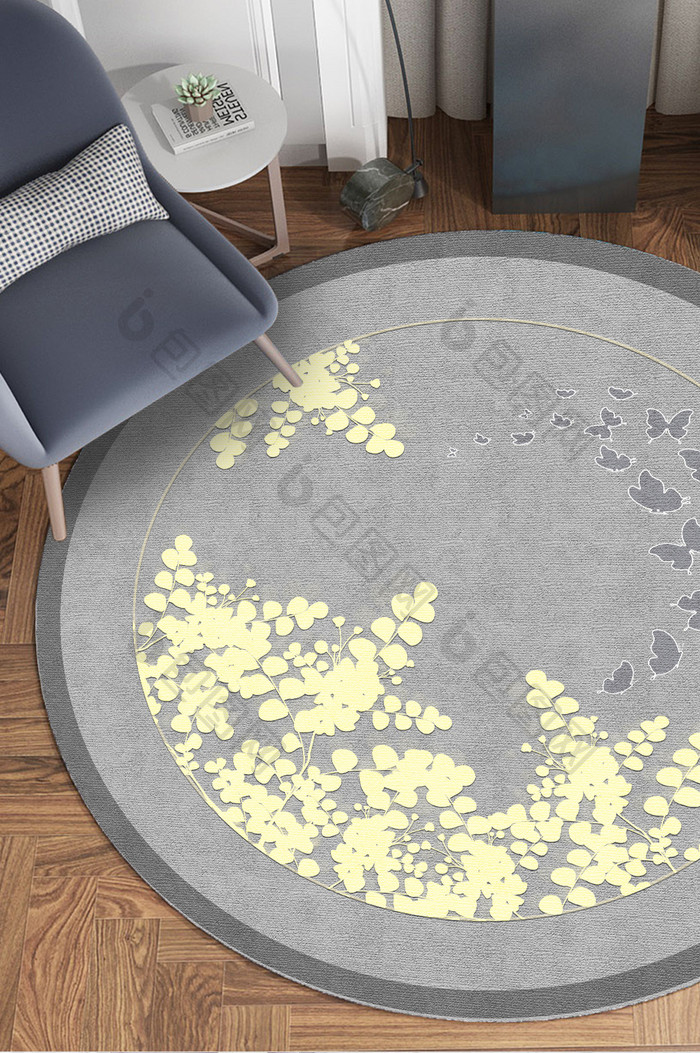 清新北欧风格黄色植物花朵蝴蝶灰色地毯图案