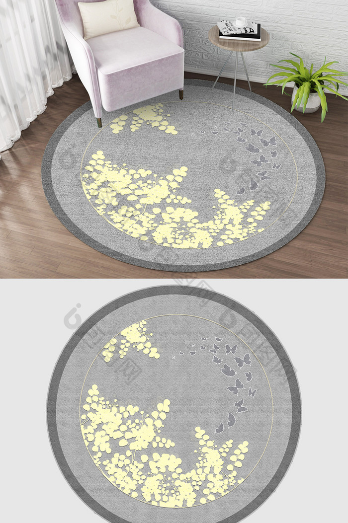 清新北欧风格黄色植物花朵蝴蝶灰色地毯图案