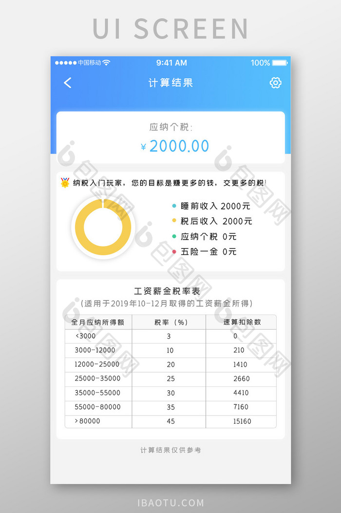 蓝色科技个税计算app计算结果移动界面