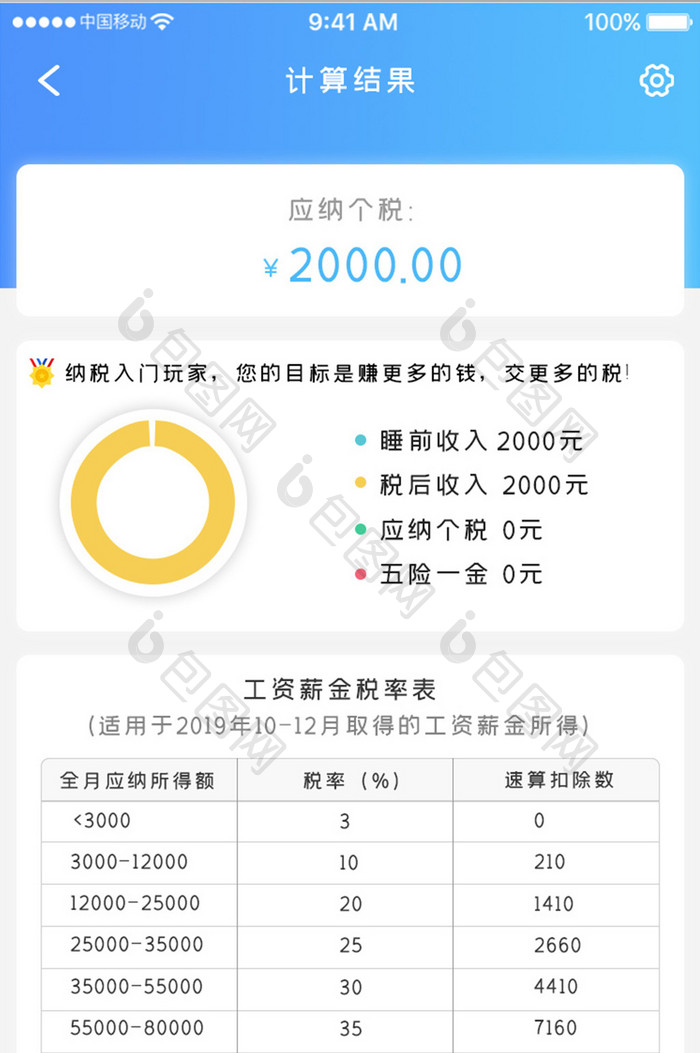 蓝色科技个税计算app计算结果移动界面