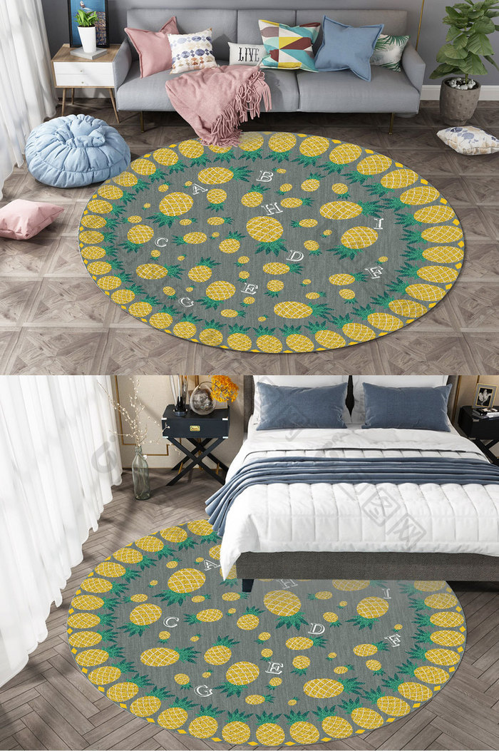 卡通可爱暗绿色底纹菠萝圆形纹理地毯图案