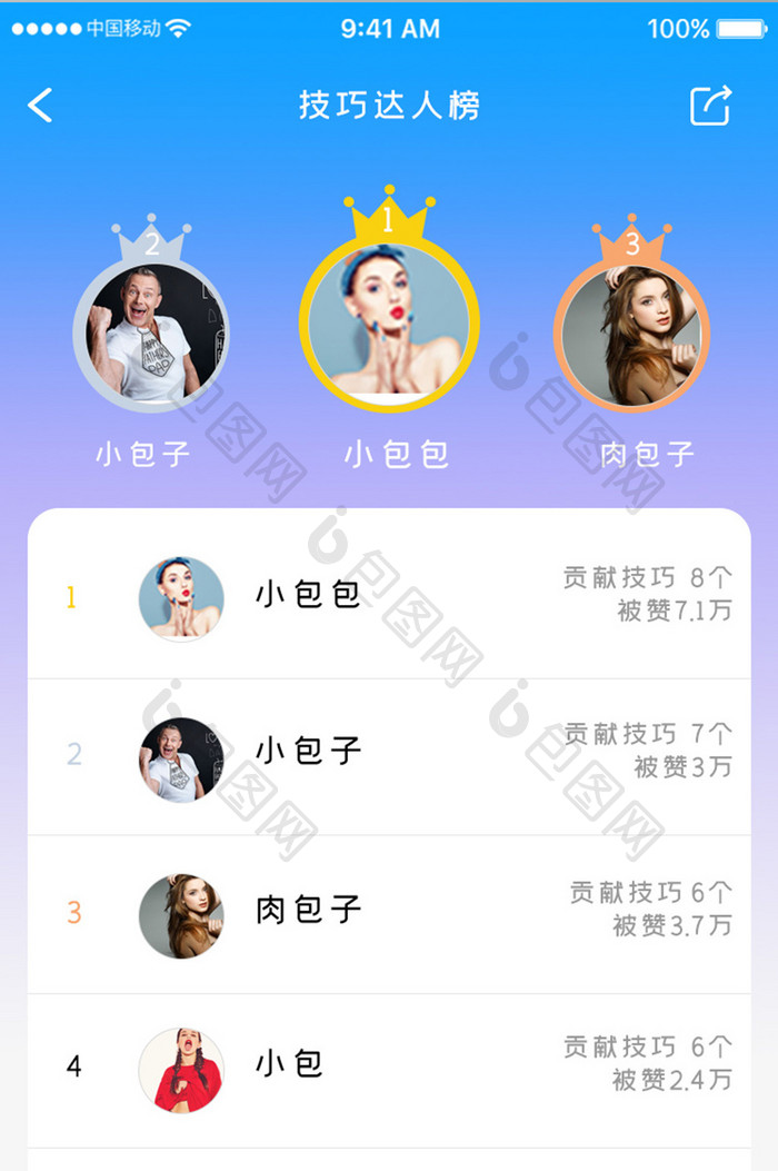 蓝色简约健康服务app用户排行移动界面