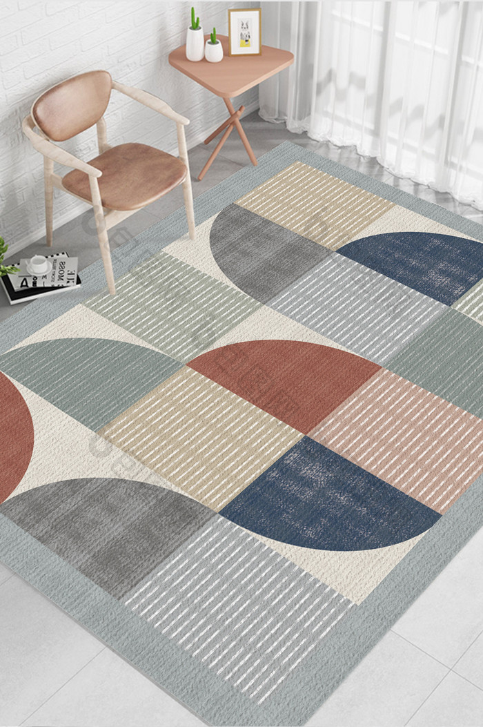 北欧风简约现代莫兰迪色系几何客厅地毯图案
