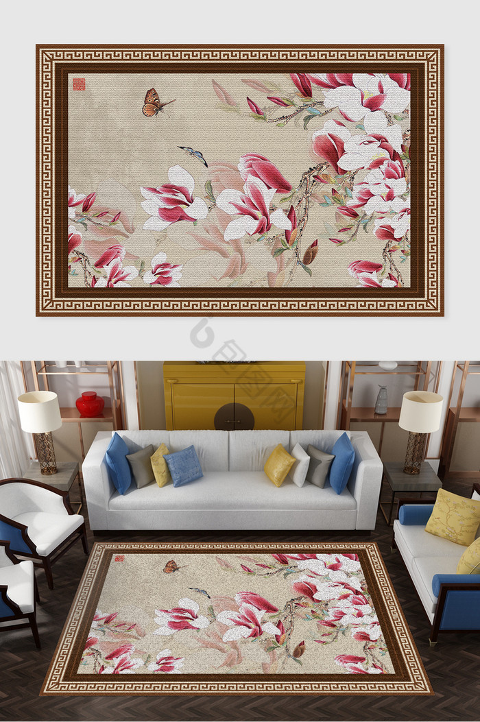新中式复古花卉植物蝴蝶书房客厅地毯图案图片