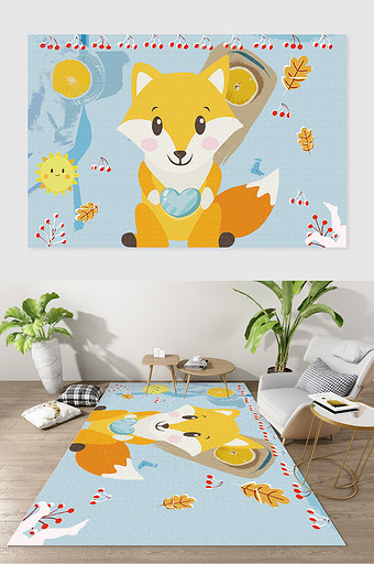 卡通动物小狐狸创意手绘儿童房客厅地毯图案图片
