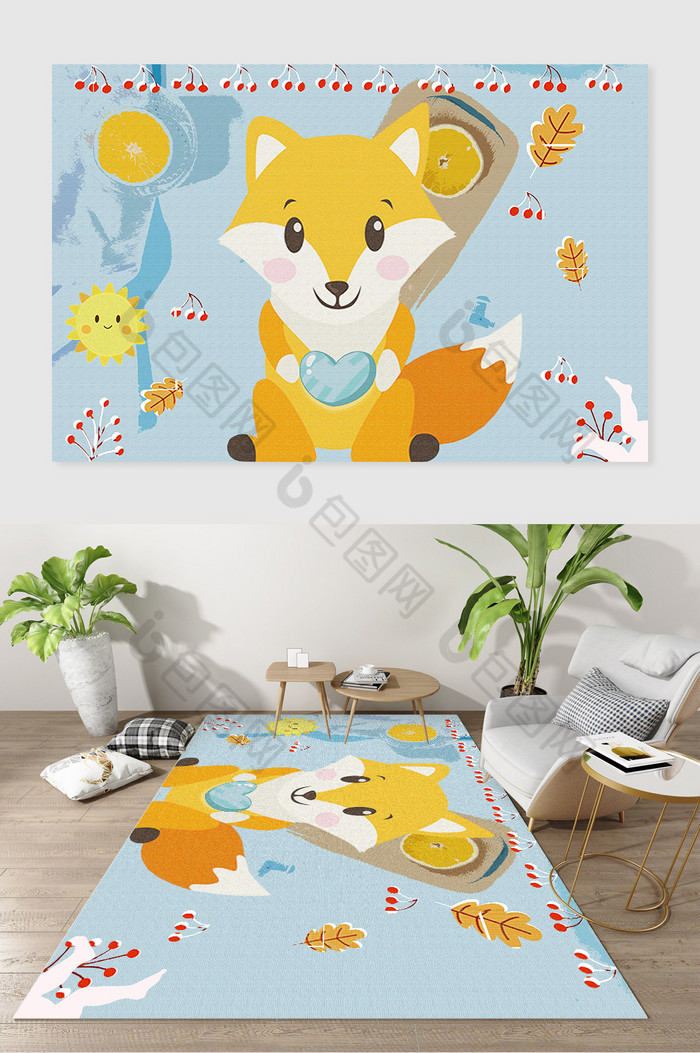 卡通动物小狐狸创意手绘儿童房客厅地毯图案图片图片
