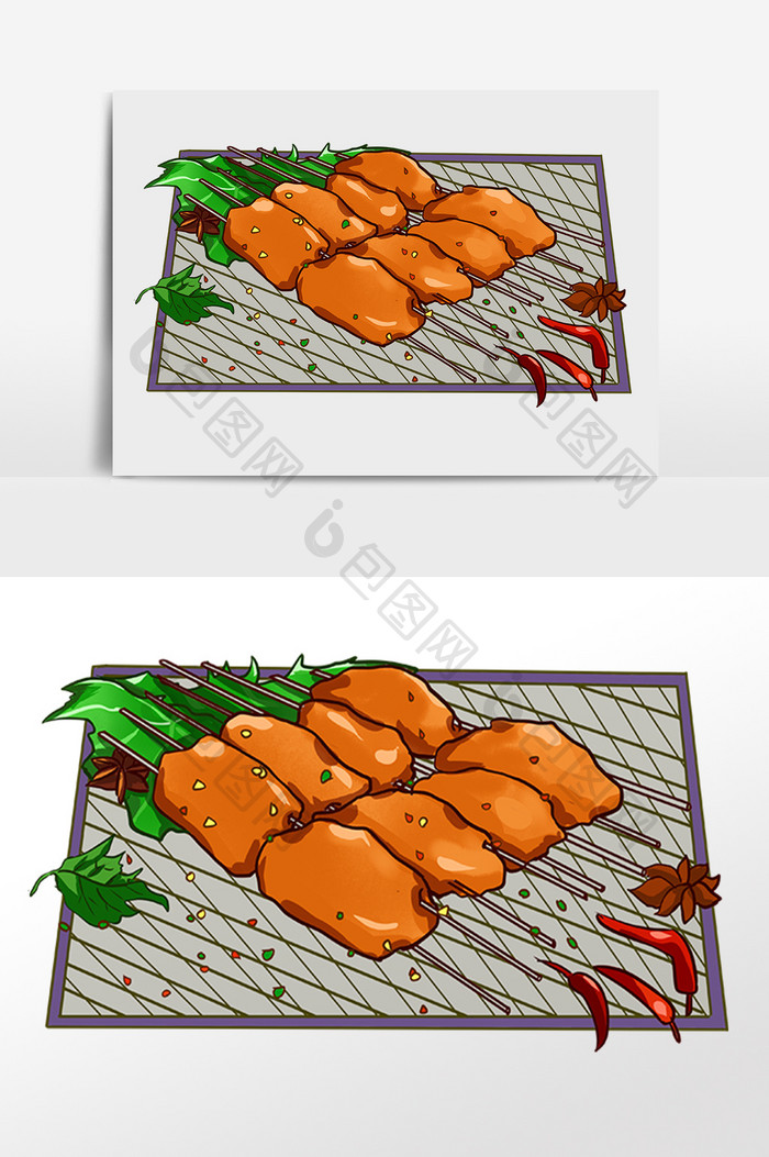 手绘美食食物夜市烧烤烤串插画