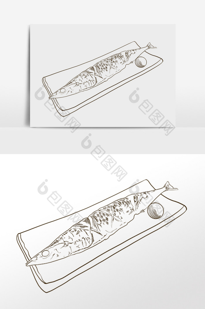 手绘线描海鲜食物小鱼插画