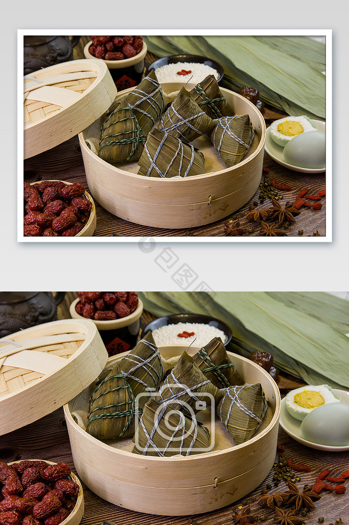 横版端午节粽子蒸粽子大枣咸鸭蛋糯米图片