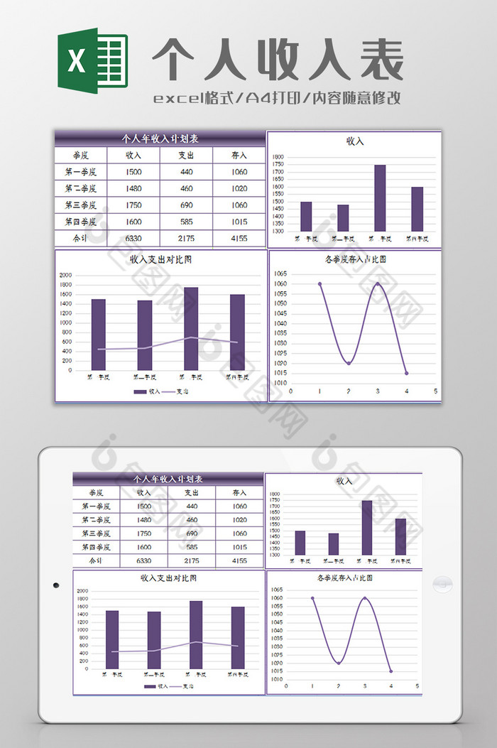 个人全年收入计划表Excel模板图片图片
