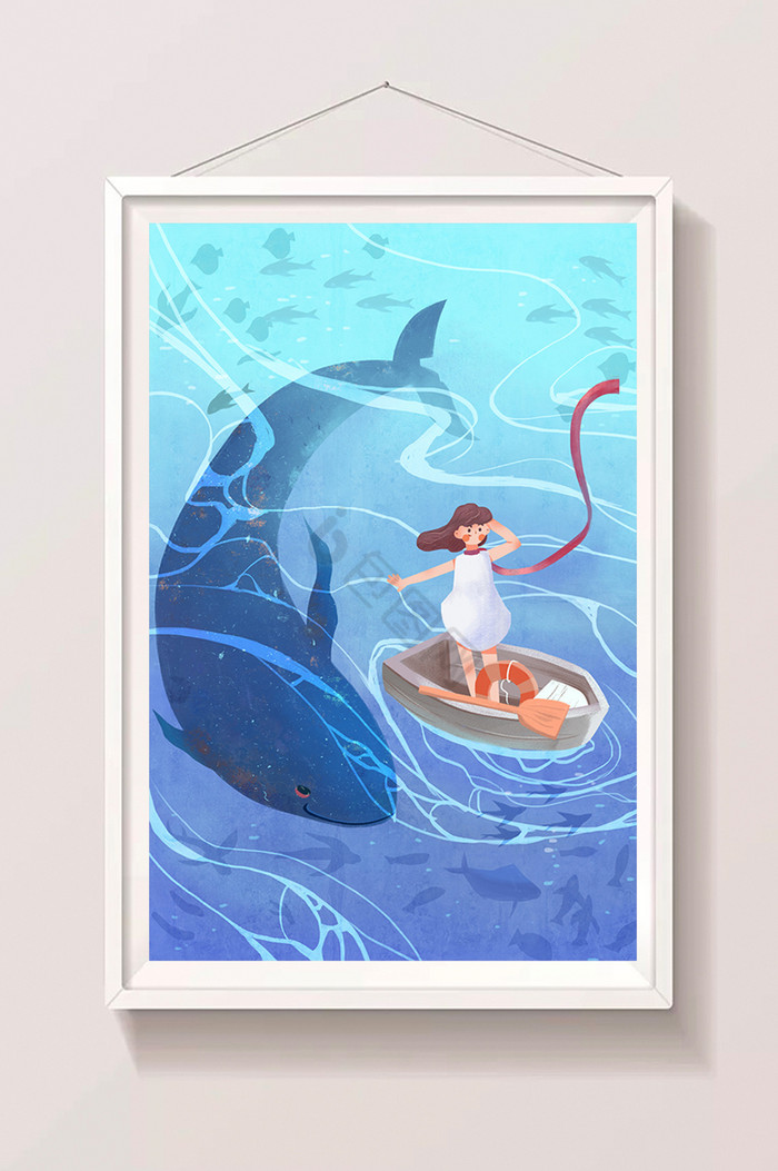 世界海洋日鲸鱼少女木舟插画图片