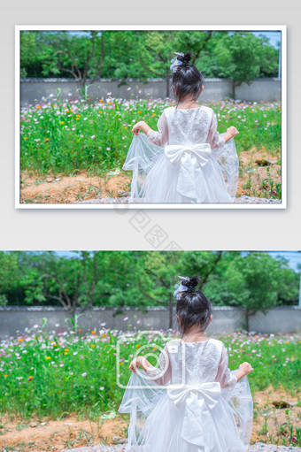 鲜花草地穿白色儿童跳舞摄影图图片