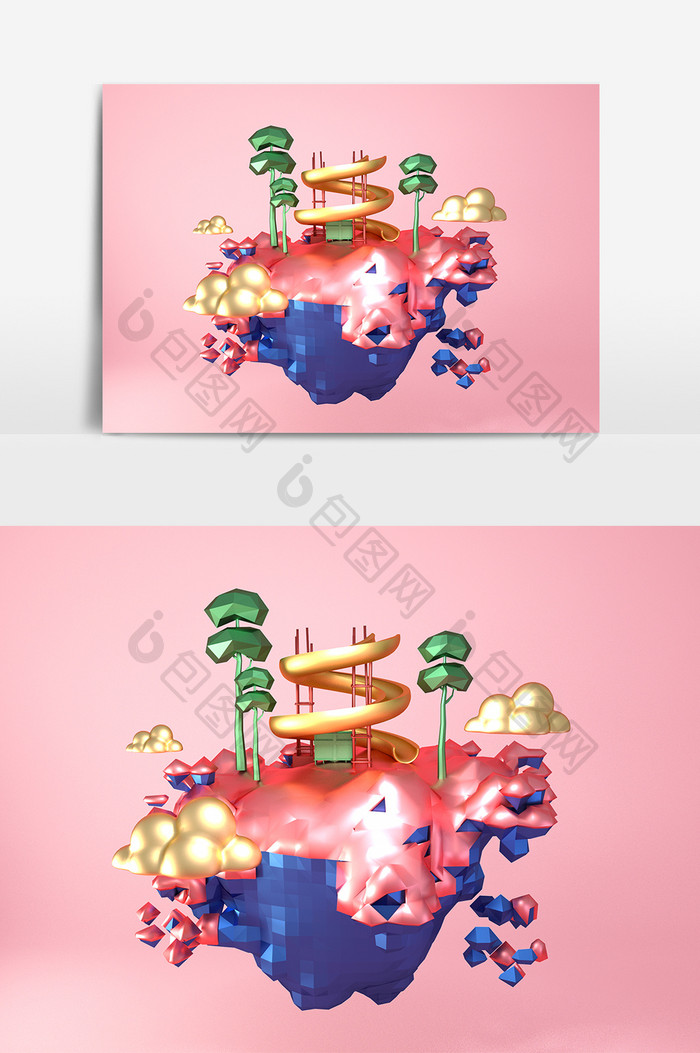C4D粉色简约小清新悬浮小岛装饰元素