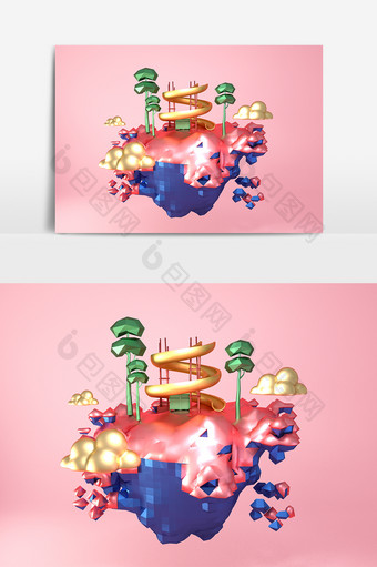 C4D粉色简约小清新悬浮小岛装饰元素图片