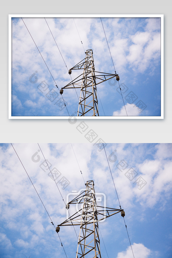 蓝天白云高压电塔建筑摄影图