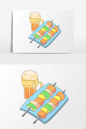 手绘卡通健康烤串和啤酒