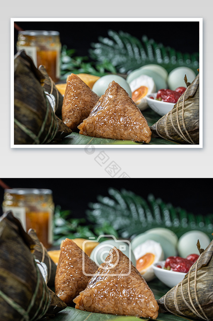 端午美食粽子咸鸭蛋蛋黄组合特写摄影图