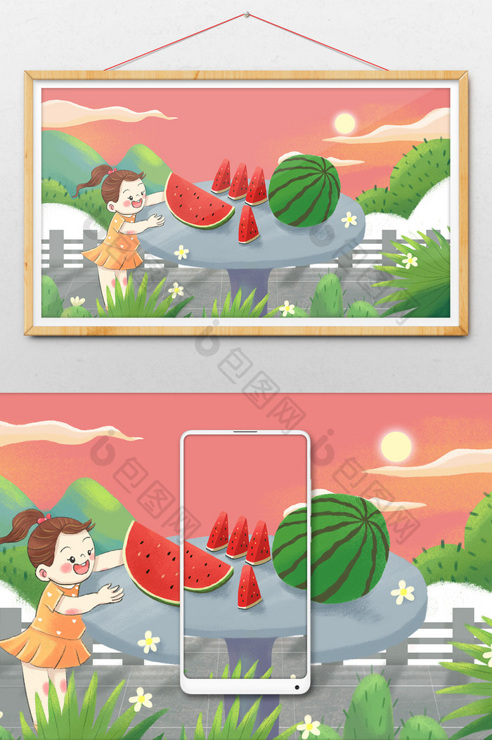 可爱卡通炎热夏季女孩吃西瓜插画