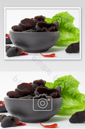 黑色瓷碗中的木耳生菜蔬菜摄影图片