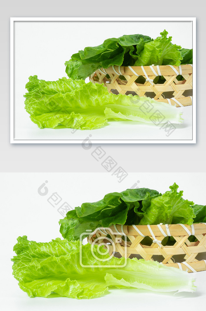 竹篮中的绿色有机蔬菜生菜叶摄影图片