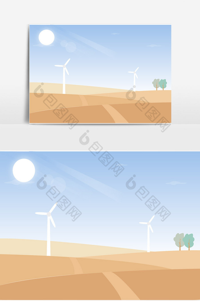 扁平风格沙漠风力发电厂景观元素