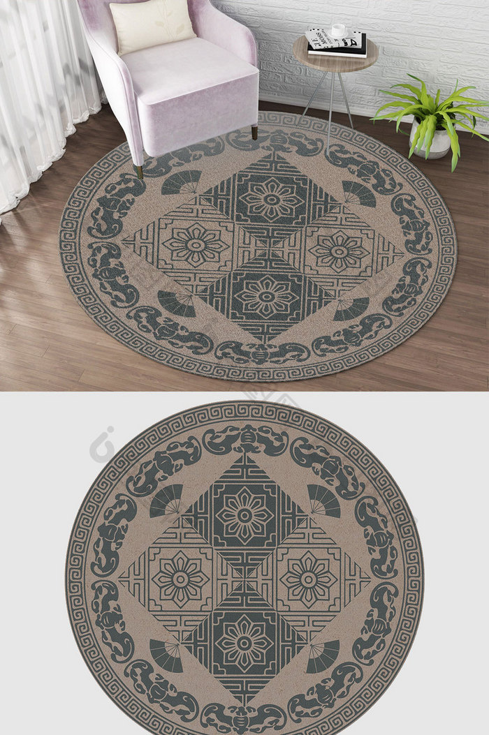 中国风民族文化花纹设计圆形地毯图案