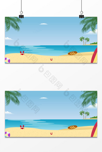 沙滩树叶船动物清新插画夏季背景图片