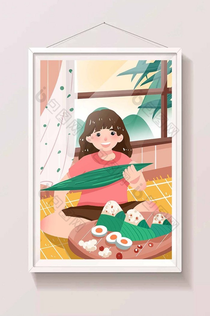 端午节吃粽子包粽子在家女孩插画