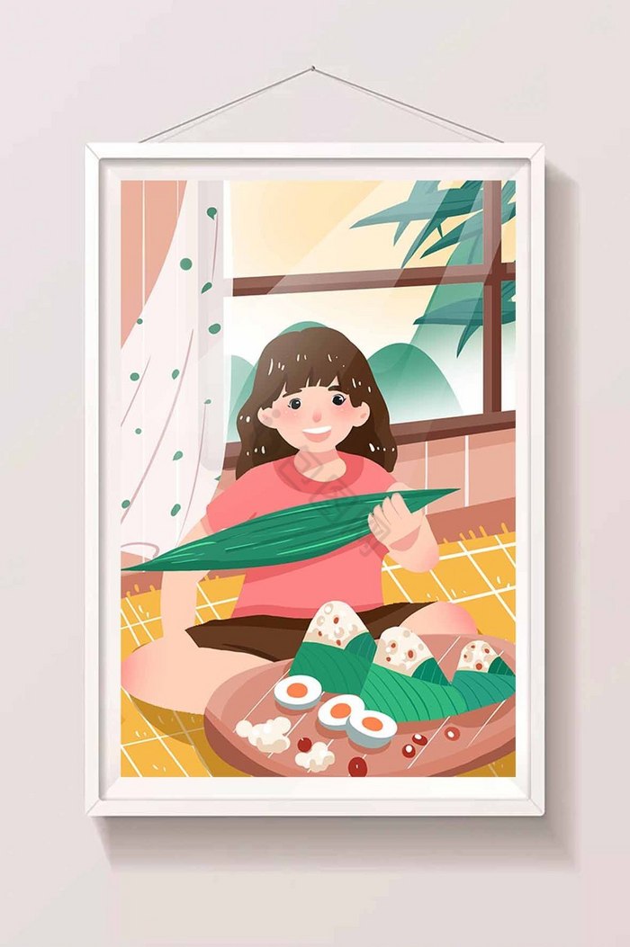 端午节吃粽子包粽子在家女孩插画图片