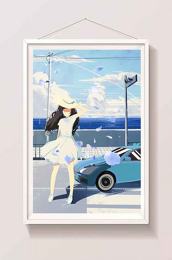 夏天清凉海风海边女孩汽车旅行插画图片