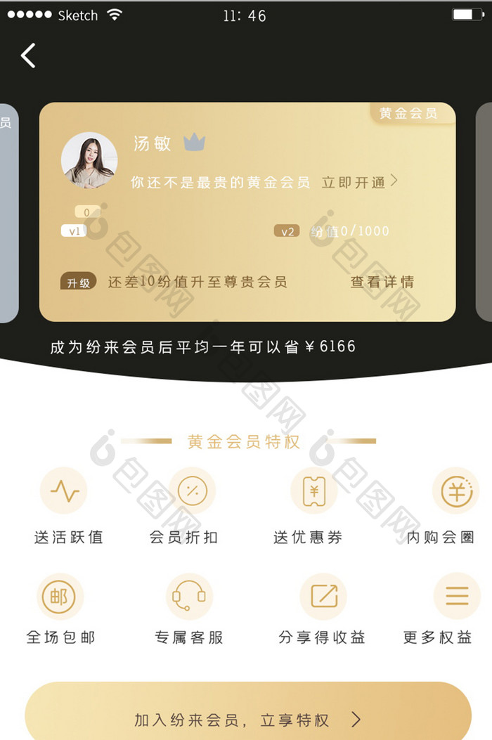 金色简约大气清新个人中心会员包邮特权界面