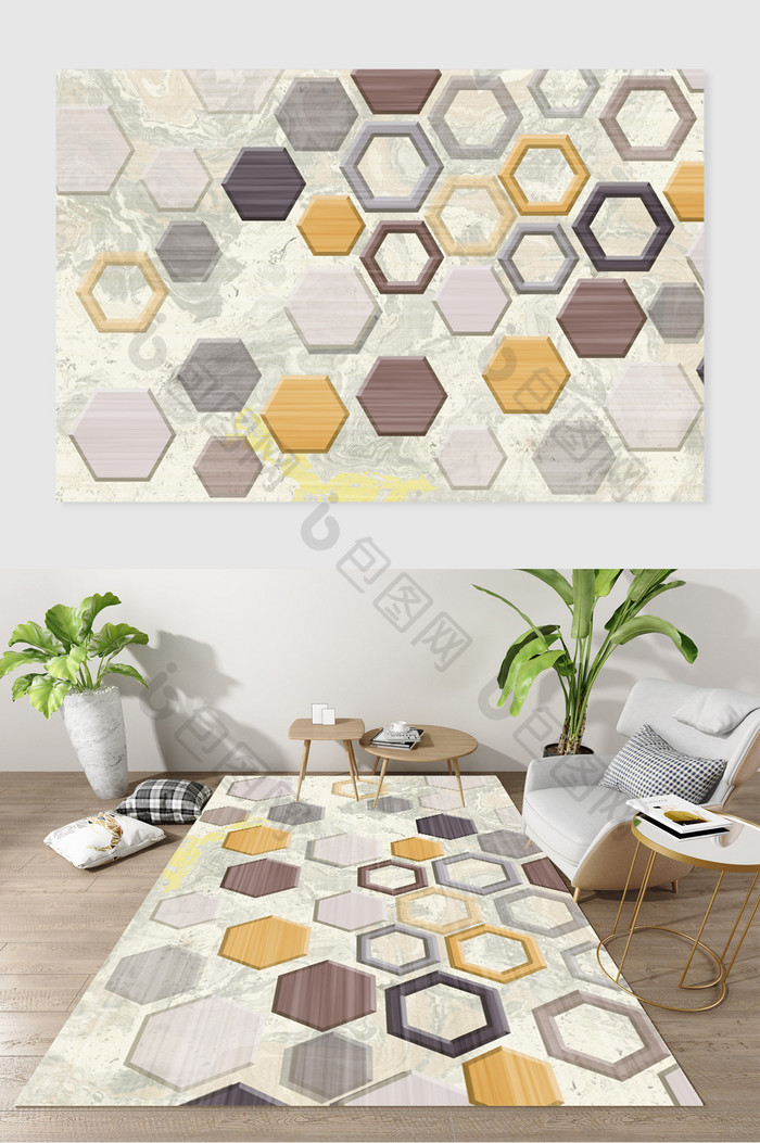 北欧现代几何六边形客厅地毯图案