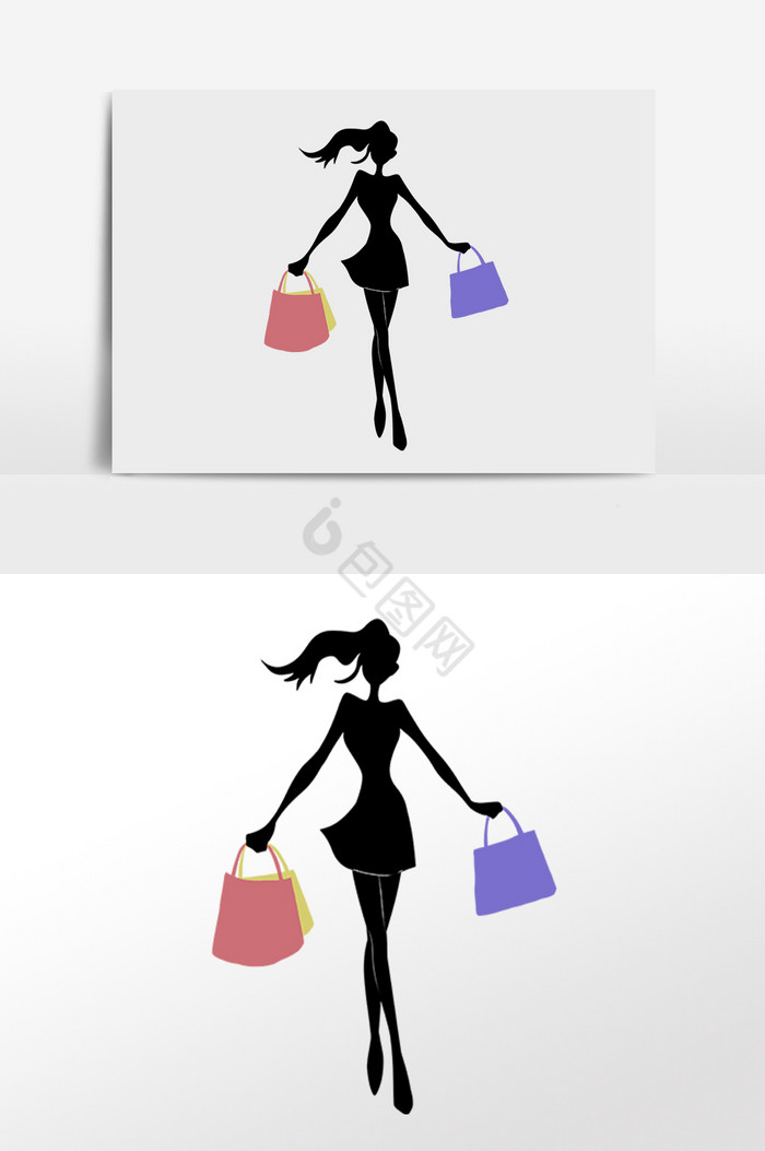 女孩逛街购物剪影插画图片