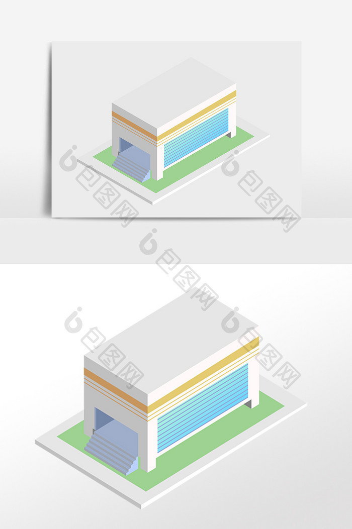 手绘2.5D立体白色楼房建筑插画