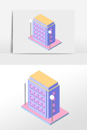 手绘2.5D立体教学楼房建筑插画