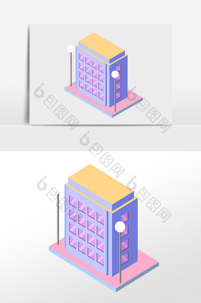 手绘2.5D立体教学楼房建筑插画